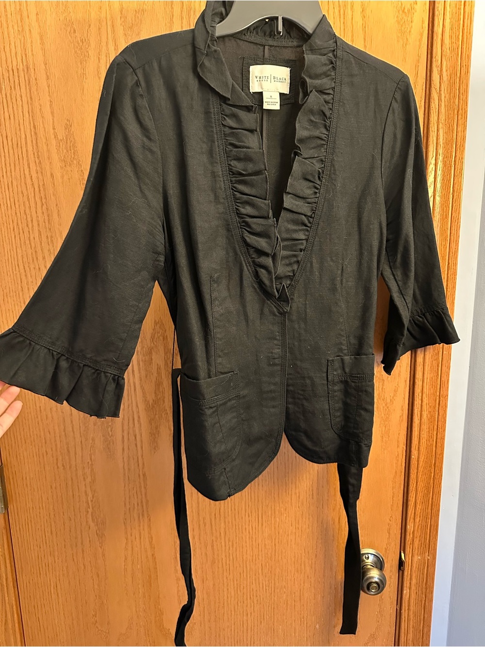 White House Black Market Black Ruffle 3/4 Linen blend jacket